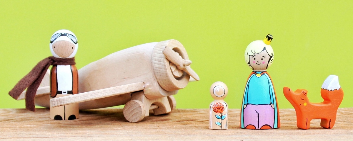 Набор деревянных игрушек маленький принц, с пилотом, с самолетом, лисом и розой